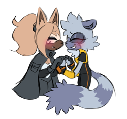 Size: 694x650 | Tagged: safe, artist:foolnamedjoey, tangle the lemur, whisper the wolf, lemur, wolf, blushing, clenched teeth, duo, eyes closed, female, females only, floppy ears, holding hands, lesbian, one fang, shipping, simple background, smile, standing, tangle x whisper, white background