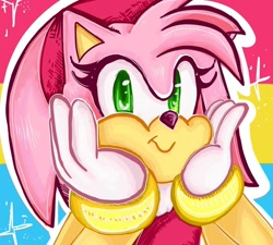 Size: 1440x1296 | Tagged: safe, artist:sadcrocs, amy rose, hedgehog, female, head rest, icon, looking at viewer, outline, pansexual, pansexual pride, pride, pride flag background, smile, solo, sparkles