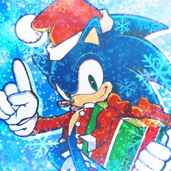 Size: 750x750 | Tagged: safe, artist:sonic-hedgekin, sonic the hedgehog, christmas outfit, icon, present, snowflake, solo, winter