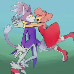 Size: 540x540 | Tagged: safe, artist:ddeeric, amy rose, blaze the cat, cat, hedgehog, 2023, amy x blaze, amy's halterneck dress, blaze's tailcoat, eyes closed, female, females only, hugging, jumping, lesbian, mouth open, shipping
