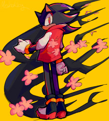Size: 1800x2000 | Tagged: safe, artist:mechokky, shadow the hedgehog, abstract background, flower, jacket, looking back at viewer, redraw, solo