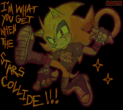Size: 1764x1582 | Tagged: safe, artist:sonicpilled, sonic the hedgehog, super sonic, sonic frontiers, black background, boots, emo, emo sonic, english text, eyeshadow, fingerless gloves, fishnets, holding something, ring, shirt, simple background, smile, solo, spiked bracelet, star (symbol), super form, undefeatable (song)