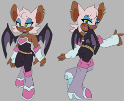 Size: 2048x1676 | Tagged: safe, artist:hibiscuit-rose, rouge the bat, blue sclera, blushing, ear piercing, grey background, heart nose, redesign, simple background, smile, solo, standing