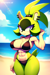 Size: 1024x1536 | Tagged: suggestive, ai art, artist:mobians.ai, surge the tenrec, abs, beach, big breasts, bikini, daytime, female, looking at viewer, outline, smile, solo, standing