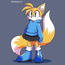 Size: 2048x2048 | Tagged: safe, ai art, artist:mobians.ai, miles "tails" prower, :|, blue background, boots, clothes, female, heels, hoodie, looking offscreen, prompter:taeko, shadow (lighting), simple background, skirt, solo, standing, trans female, transgender