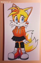Size: 1358x2048 | Tagged: safe, ai art, artist:mobians.ai, miles "tails" prower, boots, eyelashes, female, heels, hoodie, leg warmers, prompter:taeko, skirt, smile, solo, standing, trans female, transgender