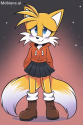Size: 1358x2048 | Tagged: safe, ai art, artist:mobians.ai, miles "tails" prower, abstract background, blushing, boots, brown shoes, eyelashes, female, hoodie, looking ahead, prompter:taeko, skirt, smile, socks, solo, standing, star (sky), trans female, transgender