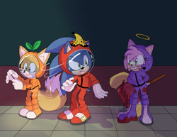 Size: 1024x792 | Tagged: semi-grimdark, artist:salsacoyote, amy rose, miles "tails" prower, sonic the hedgehog, 2020, abstract background, among us, banana peel, blood, blood stain, crossover, female, halo, implied murder, indoors, male, piko piko hammer, standing, suspicious, sweatdrop, wire