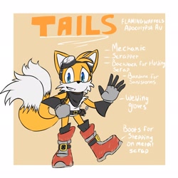 Size: 2048x2048 | Tagged: safe, artist:flamingwaffels, miles "tails" prower, alternate universe, au:post-apocolypse, bandana, belt, boots, border, character name, english text, goggles, goggles on head, looking at viewer, simple background, smile, standing on one leg, waving, yellow background