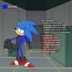 Size: 640x640 | Tagged: safe, artist:gonerbits, sonic the hedgehog, abstract background, among us, bodysuit, character name, crossover, english text, grey gloves, grey socks, lidded eyes, looking offscreen, smile, solo, standing