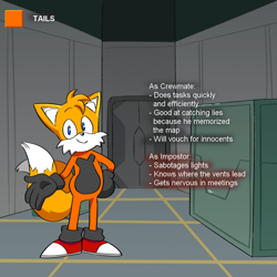 Size: 640x640 | Tagged: safe, artist:gonerbits, miles "tails" prower, abstract background, among us, bodysuit, character name, crossover, english text, grey gloves, grey socks, hand on hip, looking at viewer, smile, solo, standing