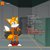 Size: 640x640 | Tagged: safe, artist:gonerbits, miles "tails" prower, abstract background, among us, bodysuit, character name, clothes, crossover, english text, grey gloves, grey socks, hand on hip, looking at viewer, no pupils, smile, solo, standing, text