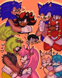 Size: 1080x1350 | Tagged: safe, artist:randomcerise, amy rose, kit the fennec, knuckles the echidna, miles "tails" prower, shadow the hedgehog, sonic the hedgehog, surge the tenrec, bisexual pride, blushing, cute, demiromantic pride, english text, gay, group, heart, kitails, knuxonic, lesbian, lesbian pride, nonbinary pride, orange background, pride, shadow x sonic, shipping, simple background, surgamy, trans pride