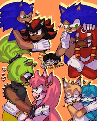 Size: 1080x1350 | Tagged: safe, artist:randomcerise, amy rose, kit the fennec, knuckles the echidna, miles "tails" prower, shadow the hedgehog, sonic the hedgehog, surge the tenrec, alternate version, bisexual pride, blushing, cute, demiromantic pride, english text, gay, group, heart, kitails, knuxonic, lesbian, lesbian pride, nonbinary pride, orange background, pride, shadow x sonic, shipping, simple background, surgamy, trans pride