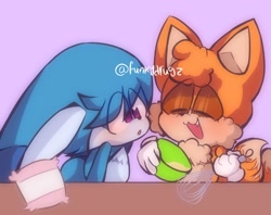 Size: 1280x1015 | Tagged: safe, artist:funkydrugz, kit the fennec, miles "tails" prower, 2023, :o, baking, blushing, bowl, cute, duo, eye clipping through hair, eyes clipping through hair, eyes closed, flour, gay, holding something, kitabetes, kitails, looking at them, purple background, shipping, simple background, smile, standing, table, tailabetes
