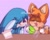Size: 1280x1015 | Tagged: safe, artist:funkydrugz, kit the fennec, miles "tails" prower, fox, 2023, :o, baking, blushing, bowl, cute, duo, eye clipping through hair, eyes clipping through hair, eyes closed, fennec, flour, gay, holding something, kit x tails, kitabetes, looking at them, male, purple background, shipping, simple background, smile, standing, table, tailabetes