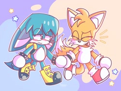 Size: 2048x1536 | Tagged: safe, artist:eldoodlez, kit the fennec, miles "tails" prower, 2023, abstract background, blushing, cute, duo, eyes closed, frown, gay, holding hands, kitabetes, kitails, lidded eyes, looking at them, shipping, shipuary, smile, star (symbol), tailabetes, walking