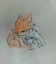 Size: 1797x2048 | Tagged: safe, artist:bouchu00x, kit the fennec, miles "tails" prower, 2022, cute, duo, eyes closed, gay, heart, hugging, kitabetes, kitails, shipping, smile, tailabetes, traditional media