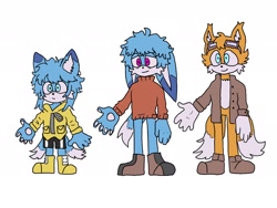 Size: 2048x1536 | Tagged: safe, artist:bouchu00x, kit the fennec, miles "tails" prower, oc, fox, 2023, blue eyes, blue fur, family, fankid, father and son, fennec, frown, gay, goggles, jacket, kitails, magical gay spawn, male, males only, older, parent:kit, parent:tails, parents:kittails, pawpads, shipping, simple background, smile, standing, sweatdrop, trio, unnamed oc, white background