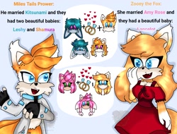 Size: 1297x988 | Tagged: safe, artist:rosemery_25, amy rose, kit the fennec, miles "tails" prower, zooey the fox, oc, 31 days sonic, 2022, english text, family, fankid, gay, group, heart, kitails, lesbian, magical gay spawn, magical lesbian spawn, marriage ring, older, parent:amy, parent:kit, parent:tails, parent:zooey, parents:zooamy, shipping, zooamy