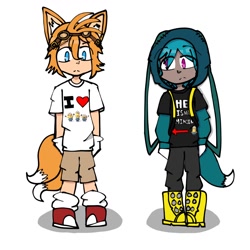 Size: 1280x1280 | Tagged: safe, artist:ghxstydoesstuff, kit the fennec, miles "tails" prower, human, clothes, duo, frown, gay, goggles, humanized, kitails, minion (despicable me), shipping, shirt, simple background, standing, white background