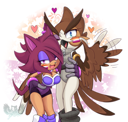 Size: 2687x2560 | Tagged: safe, artist:tytofi, oc, oc:connie the hedgehog, oc:myrtle the bird, bird, hedgehog, 2023, abstract background, couple, duo, eye clipping through hair, facepaint, heart, holding each other, lesbian, lesbian pride, looking at viewer, oc x oc, pride, shipping, smile, standing, watermark, waving