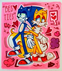 Size: 1787x2048 | Tagged: safe, artist:claudiashowx, miles "tails" prower, sonic the hedgehog, 2023, abstract background, clenched teeth, duo, english text, gay, heart, lidded eyes, linking arms, looking at each other, shipping, smile, sonic x tails, standing