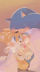 Size: 720x1280 | Tagged: safe, artist:giaoux, miles "tails" prower, sonic the hedgehog, blushing, cup, cute, duo, eyes closed, gay, gradient background, holding something, kneeling, looking up at them, nuzzle, pout, shipping, signature, smile, sonabetes, sonic x tails, tailabetes