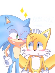 Size: 1080x1440 | Tagged: safe, artist:sxuanpao, miles "tails" prower, sonic the hedgehog, 2023, blushing, duo, gay, hand on head, looking at each other, male, males only, pout, shipping, signature, simple background, smile, sonic x tails, sparkles, standing, white background, wink