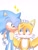 Size: 1080x1440 | Tagged: dead source, safe, artist:sxuanpao, miles "tails" prower, sonic the hedgehog, 2023, blushing, duo, gay, hand on head, looking at each other, male, males only, pout, shipping, signature, simple background, smile, sonic x tails, sparkles, standing, white background, wink