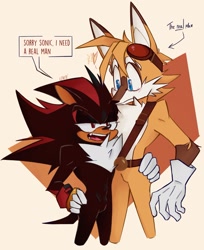 Size: 1668x2047 | Tagged: safe, artist:saturnlevite, miles "tails" prower, shadow the hedgehog, 2023, blushing, dialogue, duo, gay, heart, holding them, implied sonic, looking offscreen, meme, older, real man, shadails, shipping, simple background, sonic boom (tv), speech bubble, standing, yellow background
