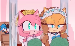 Size: 1652x1020 | Tagged: safe, artist:sonicnewunivers, amy rose, sally acorn, shadow the hedgehog, sonic the hedgehog, 2023, abstract background, blushing, duo focus, flower crown, gay, group, holding something, indoors, kiss, lesbian, redraw, sallamy, shadow x sonic, shipping, wedding, wedding dress, wedding suit