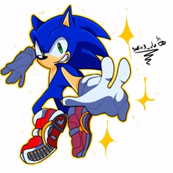 Size: 2048x2048 | Tagged: safe, artist:sonic3_da, sonic the hedgehog, 2023, looking back at viewer, male, outline, signature, simple background, smile, soap shoes, solo, sparkles, star (symbol), white background