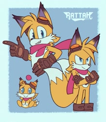 Size: 1787x2048 | Tagged: safe, artist:lacuevaderattah, miles "tails" prower, chao, 2023, adult, arms folded, blue background, brown gloves, chaoified, character chao, goggles, goggles on head, looking at viewer, male, older, pointing, scarf, simple background, smile, solo, tails chao