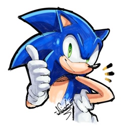 Size: 1280x1280 | Tagged: safe, artist:notnicknot, sonic the hedgehog, 2023, bust, hand on hip, looking at viewer, male, painted artwork, signature, simple background, smile, solo, thumbs up, traditional media, white background
