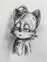 Size: 1554x2048 | Tagged: safe, artist:curly_quills, miles "tails" prower, sonic the hedgehog 2 (2022), 2023, bust, lidded eyes, line art, looking offscreen, mouth open, solo, tired, traditional media