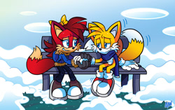 Size: 1024x645 | Tagged: safe, artist:azureblueworld, fiona fox, miles "tails" prower, age difference, bench, shipping, straight, taiona
