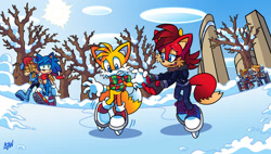 Size: 1024x581 | Tagged: safe, artist:azureblueworld, antoine d'coolette, bunnie rabbot, fiona fox, sally acorn, sonic the hedgehog, age difference, ice skates, shipping, straight, taiona