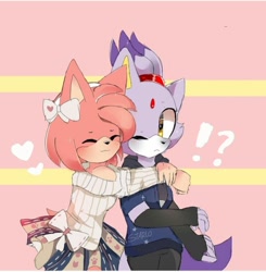 Size: 540x552 | Tagged: safe, artist:starlo02, amy rose, blaze the cat, cat, hedgehog, 2018, amy x blaze, cute, exclamation mark, eyes closed, female, females only, hearts, hugging from behind, lesbian, one eye closed, question mark, shipping