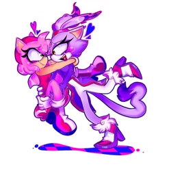 Size: 1280x1280 | Tagged: safe, artist:pumpkizoid, amy rose, blaze the cat, cat, hedgehog, 2019, alternate version, amy x blaze, amy's halterneck dress, blaze's tailcoat, blushing, carrying them, cute, female, females only, hearts, lesbian, looking at each other, shipping