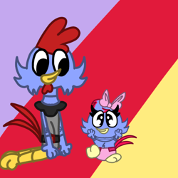 Size: 768x768 | Tagged: safe, artist:bluedeerfox14, scratch, adventures of sonic the hedgehog, baby, bow, chicken, diaper, father and daughter, parent:scratch, robot