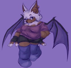 Size: 2048x1970 | Tagged: safe, artist:sonicattos, rouge the bat, alternate outfit, clothes, earring, female, fingerless gloves, lidded eyes, looking at viewer, purple background, simple background, smile, solo