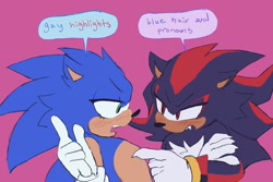 Size: 2048x1368 | Tagged: safe, artist:sonicattos, shadow the hedgehog, sonic the hedgehog, blue hair and pronouns, blushing, dialogue, duo, english text, gay, gay highlights, looking at each other, male, males only, meme, pink background, shadow x sonic, shipping, simple background