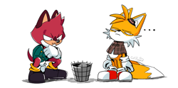 Size: 1031x511 | Tagged: safe, artist:catrage_miau, barry the quokka, miles "tails" prower, the murder of sonic the hedgehog, ..., duo, lidded eyes, simple background, standing, tails is not amused, trash can, white background