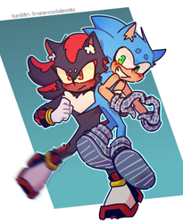 Size: 1536x1877 | Tagged: safe, artist:trans-metalsonic, shadow the hedgehog, sonic the hedgehog, sonic prime s2, abstract background, beanbrows, blushing, carrying them, duo, frown, gay, heart hands, redraw, shadow x sonic, shipping, smile