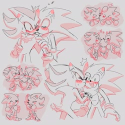Size: 2048x2048 | Tagged: safe, artist:tsubomiiiii, shadow the hedgehog, sonic the hedgehog, blushing, blushing ears, cute, duo, gay, grey background, head pat, heart, holding hands, kiss on cheek, line art, male, males only, shadow x sonic, shadowbetes, shipping, simple background, smile, sonabetes, standing, sweatdrop, walking