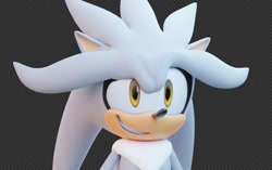 Size: 915x576 | Tagged: safe, artist:luxar_b3d, silver the hedgehog, 2023, 3d, checkered background, clenched teeth, looking offscreen, male, smile, solo