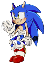 Size: 656x849 | Tagged: safe, artist:oin_09o, sonic the hedgehog, 2023, bandage, injured, looking ahead, scar, simple background, sitting, smile, solo, sweatdrop, waving, white background
