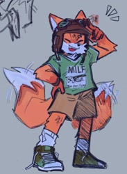 Size: 1475x2013 | Tagged: safe, artist:luc3ks, miles "tails" prower, 2023, arm fluff, clothes, gloves off, goggles, green shoes, grey background, hand on hip, leg fluff, pawpads, pilot hat, shirt, shoelaces, shorts, simple background, smile, solo, standing