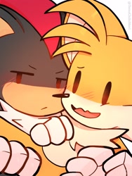 Size: 1536x2048 | Tagged: safe, artist:tetsuchibimori, miles "tails" prower, shadow the hedgehog, 2023, blushing, carrying them, cute, duo, frown, gay, looking at them, looking away, mouth open, shadails, shadowbetes, shipping, simple background, smile, tailabetes, white background